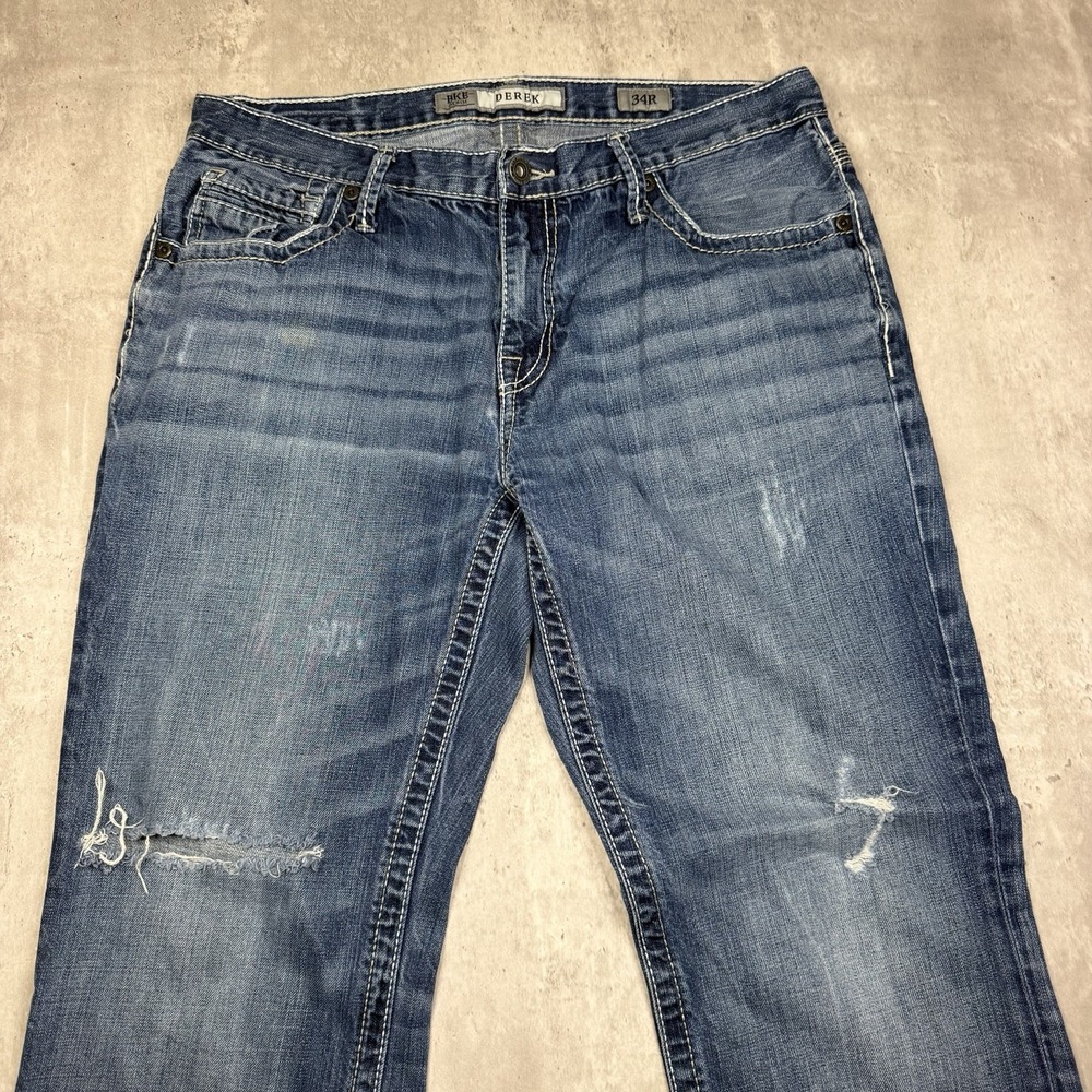 BKE Derek Medium Wash Boot Cut Jeans Men's Size 34x30 Distressed Blue denim